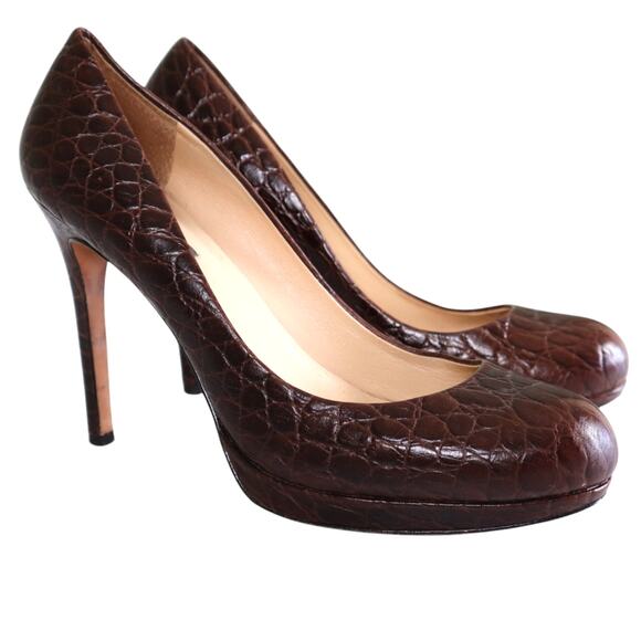Ann Taylor Shoes - Ann Taylor Womens Leather Pumps Size 8 Faux Croc Embossed Brown Classy Heels